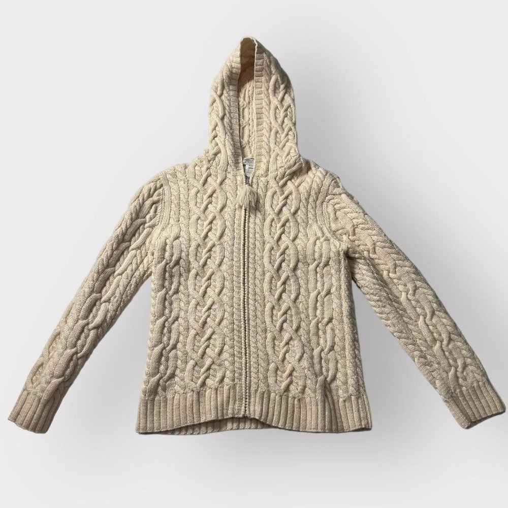 Vintage 1990s coquette cream thick 100% wool zip-up hooded sweater.